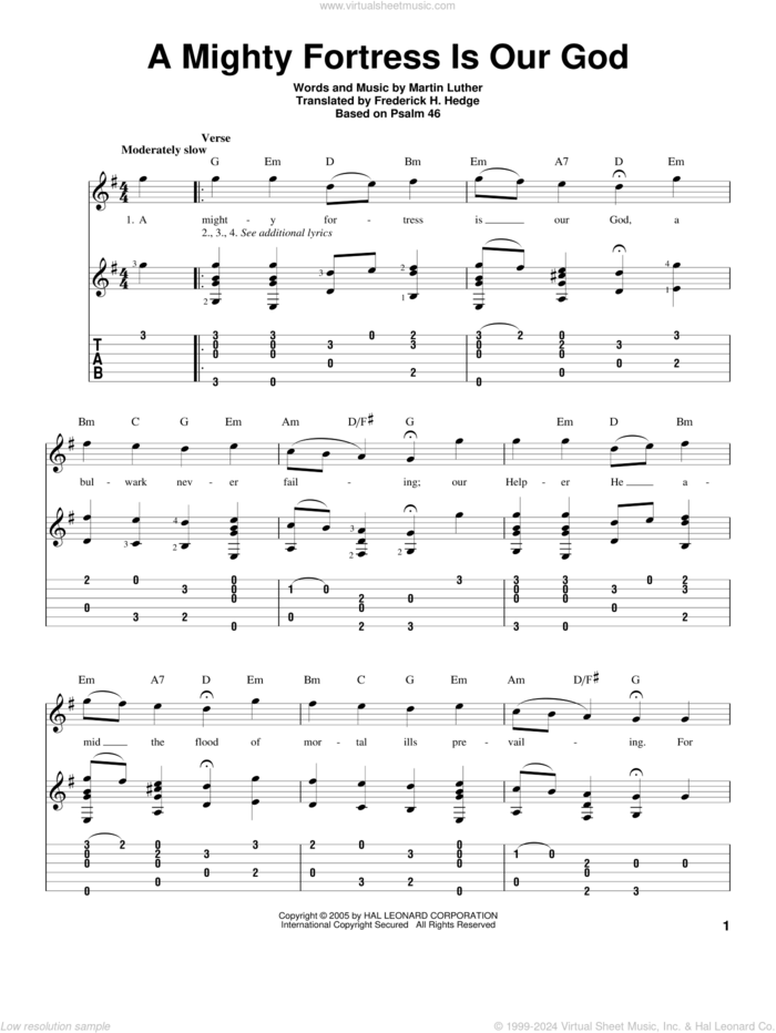 A Mighty Fortress Is Our God sheet music for guitar solo by Martin Luther and Frederick H. Hedge, intermediate skill level