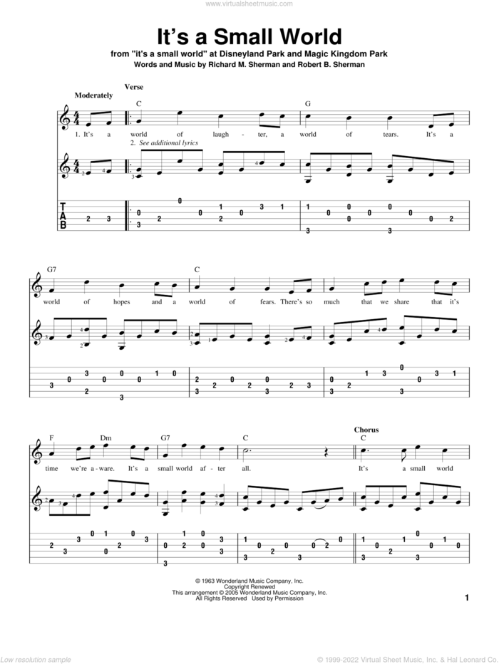 It's A Small World sheet music for guitar solo by Sherman Brothers, Richard M. Sherman and Robert B. Sherman, intermediate skill level