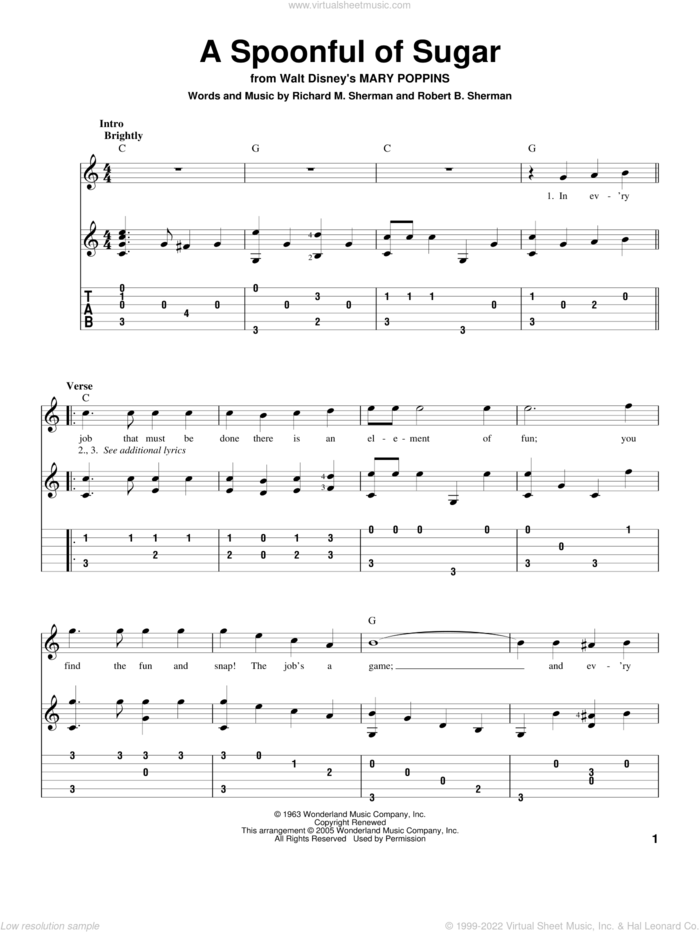 A Spoonful Of Sugar (from Mary Poppins) sheet music for guitar solo by Sherman Brothers, Mary Poppins (Movie), Richard M. Sherman and Robert B. Sherman, intermediate skill level