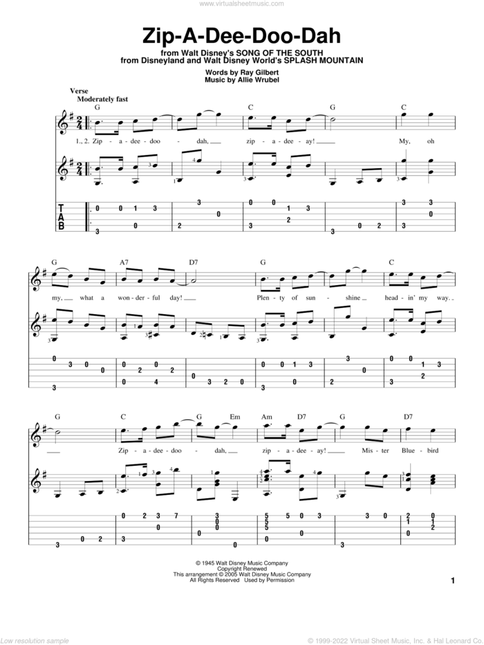 Zip-A-Dee-Doo-Dah (from Song Of The South) sheet music for guitar solo by Ray Gilbert and Allie Wrubel, intermediate skill level