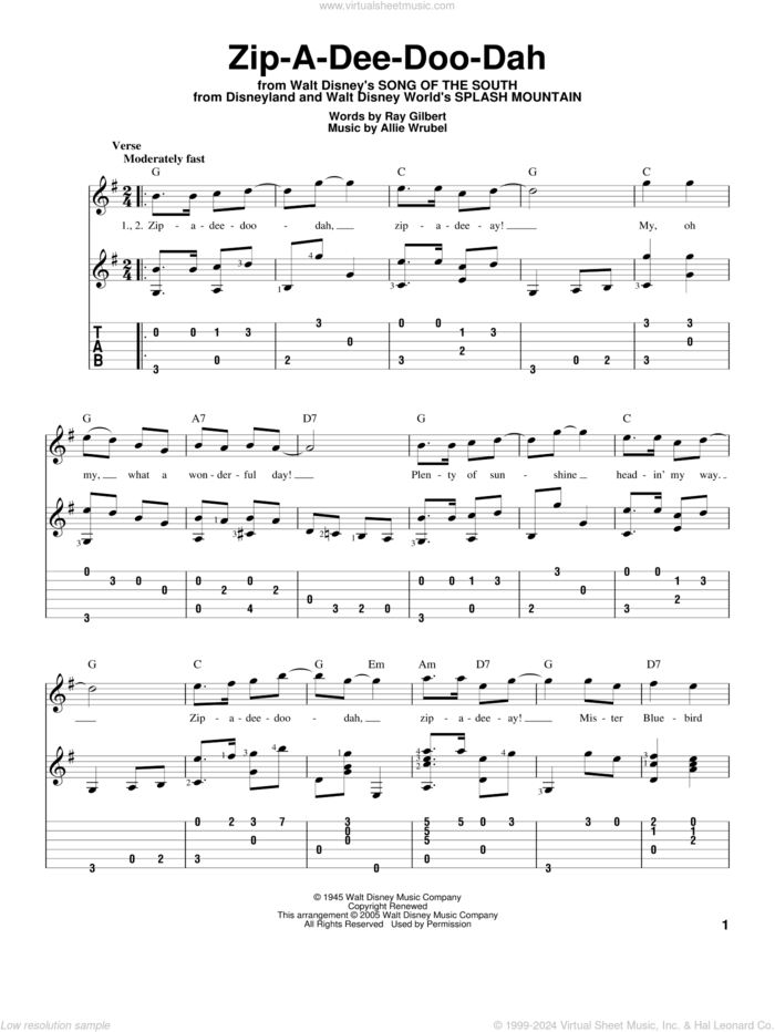 Zip-A-Dee-Doo-Dah (from Song Of The South) sheet music for guitar solo by Ray Gilbert, James Baskett and Allie Wrubel, intermediate skill level