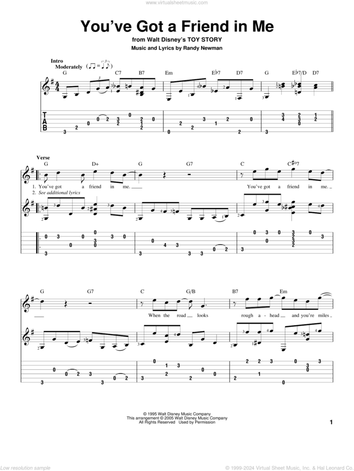 You've Got A Friend In Me (from Toy Story) sheet music for guitar solo by Randy Newman and Toy Story (Movie), intermediate skill level