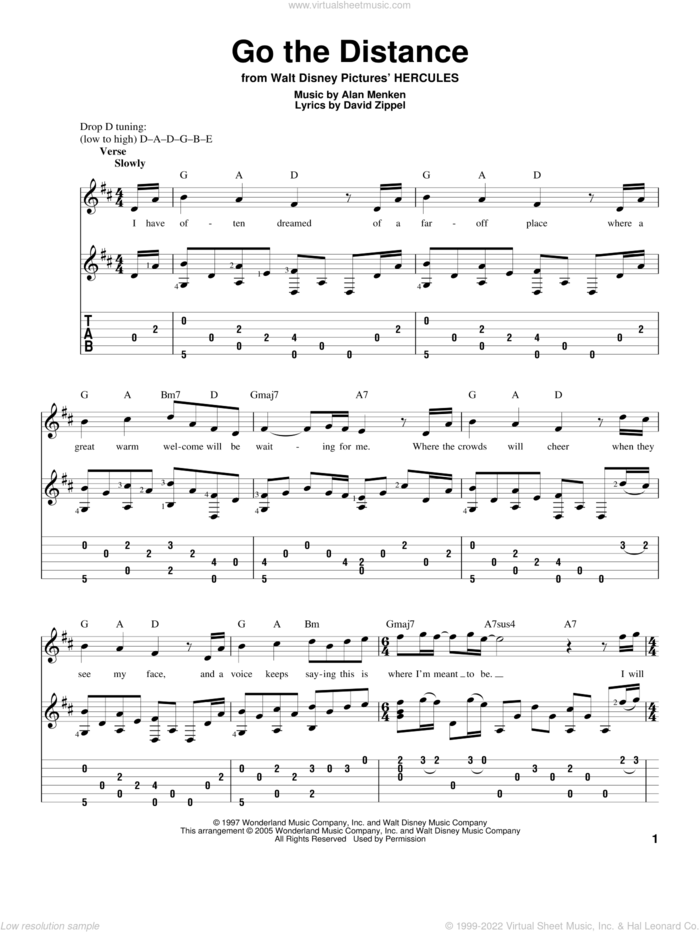 Go The Distance (from Hercules) sheet music for guitar solo by Michael Bolton, Alan Menken and David Zippel, intermediate skill level
