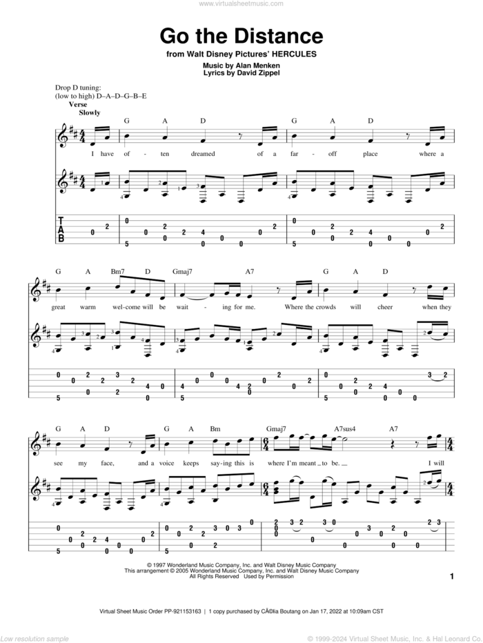 Go The Distance (from Hercules), (intermediate) sheet music for guitar solo by Alan Menken & David Zippel, Michael Bolton, Alan Menken and David Zippel, intermediate skill level