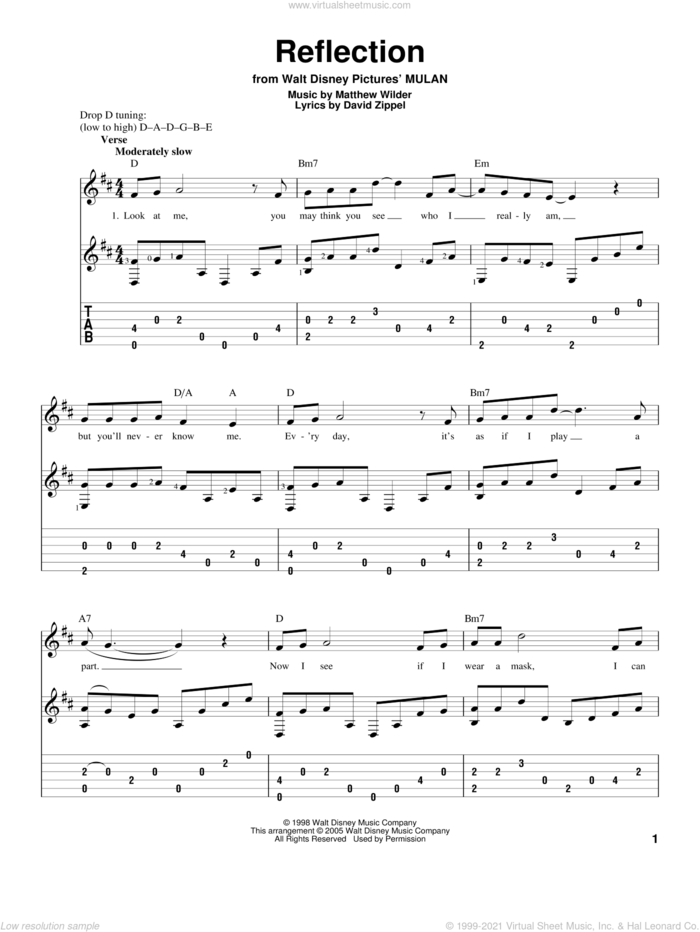 Reflection (Pop Version) (from Mulan) sheet music for guitar solo by David Zippel, Christina Aguilera, Mulan (Movie) and Matthew Wilder, intermediate skill level