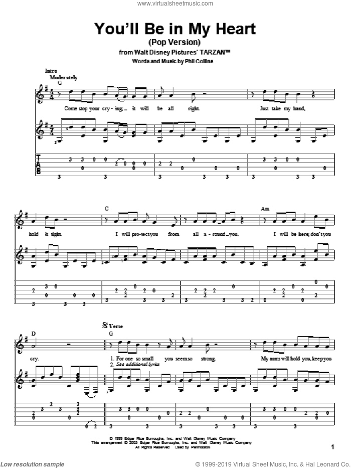 You'll Be In My Heart (from Tarzan) sheet music for guitar solo by Phil Collins, intermediate skill level