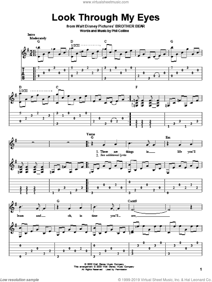 Look Through My Eyes sheet music for guitar solo by Phil Collins and Brother Bear (Movie), intermediate skill level