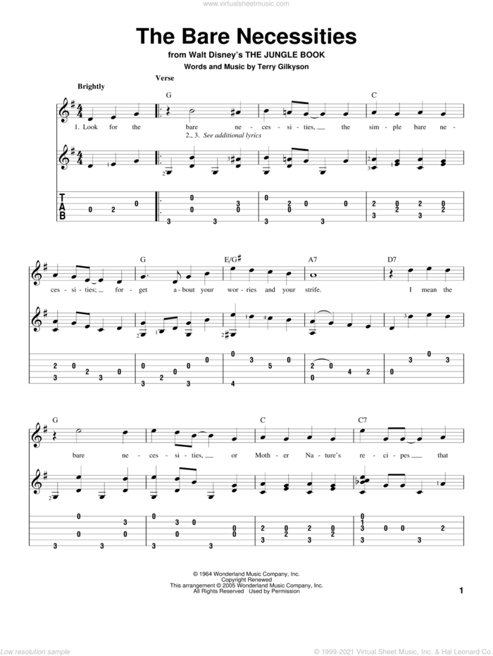 The Bare Necessities sheet music for guitar solo by Terry Gilkyson, intermediate skill level