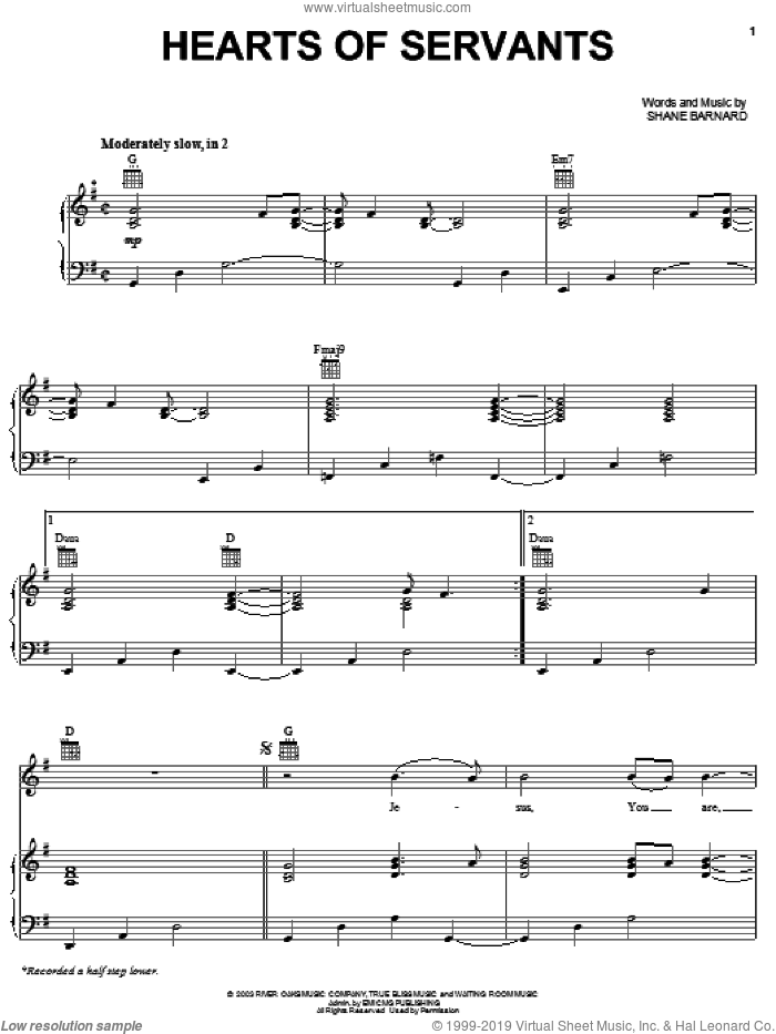 Hearts Of Servants sheet music for voice, piano or guitar by Shane & Shane and Shane Barnard, intermediate skill level