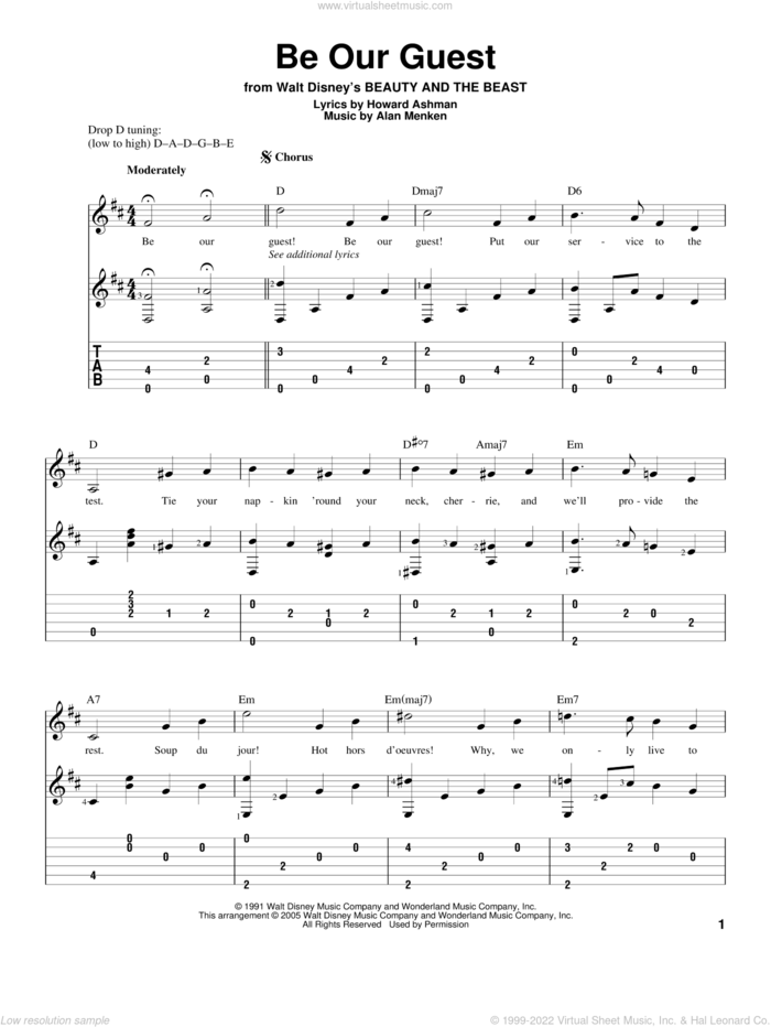Be Our Guest (from Beauty And The Beast) sheet music for guitar solo by Alan Menken, Beauty And The Beast, Alan Menken & Howard Ashman and Howard Ashman, intermediate skill level