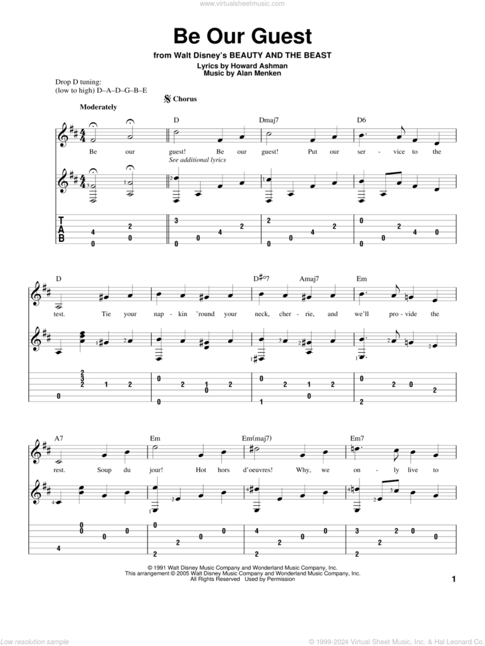 Be Our Guest (from Beauty And The Beast) sheet music for guitar solo by Alan Menken, Beauty And The Beast, Alan Menken & Howard Ashman and Howard Ashman, intermediate skill level