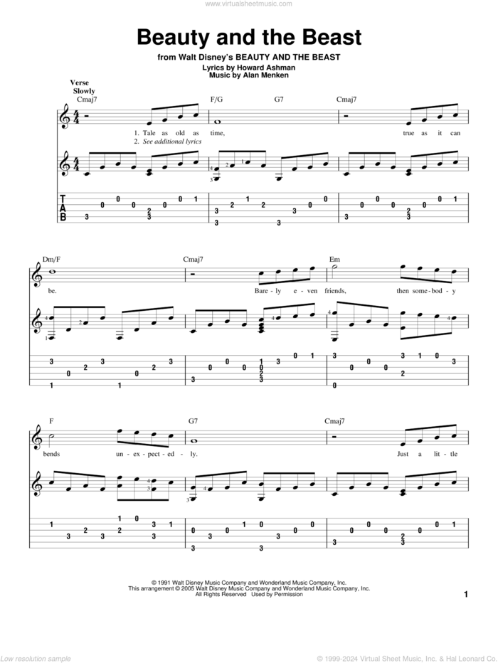 Beauty And The Beast sheet music for guitar solo by Alan Menken & Howard Ashman, Beauty And The Beast, Celine Dion & Peabo Bryson, Alan Menken and Howard Ashman, wedding score, intermediate skill level