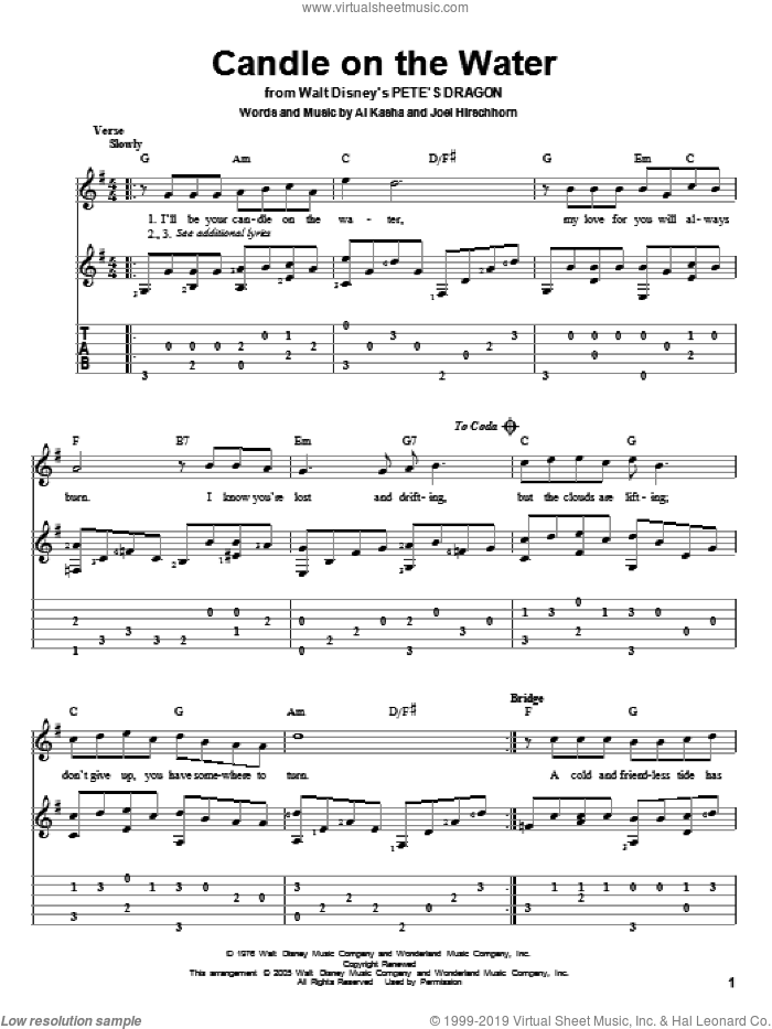 Candle On The Water (from Pete's Dragon) sheet music for guitar solo by Helen Reddy, Al Kasha and Joel Hirschhorn, wedding score, intermediate skill level