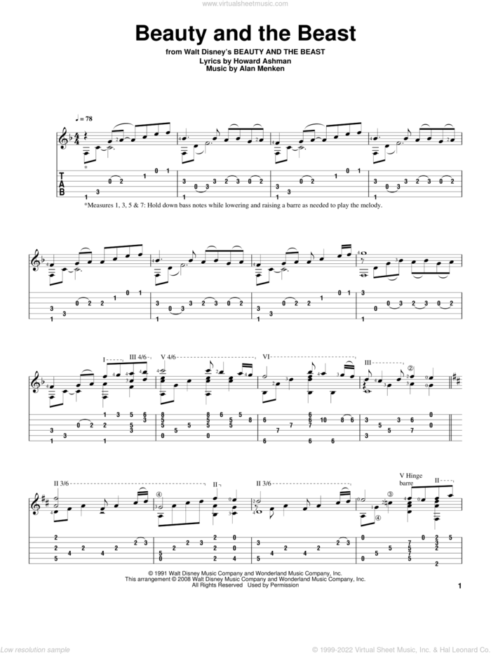 Beauty And The Beast sheet music for guitar solo by Alan Menken, Beauty And The Beast, Celine Dion & Peabo Bryson, Alan Menken & Howard Ashman and Howard Ashman, intermediate skill level