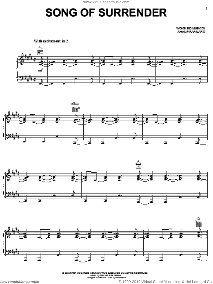 Song Of Surrender sheet music for voice, piano or guitar by Shane & Shane and Shane Barnard, intermediate skill level