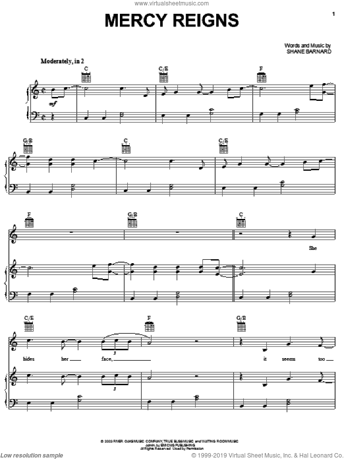 Mercy Reigns sheet music for voice, piano or guitar by Shane & Shane and Shane Barnard, intermediate skill level