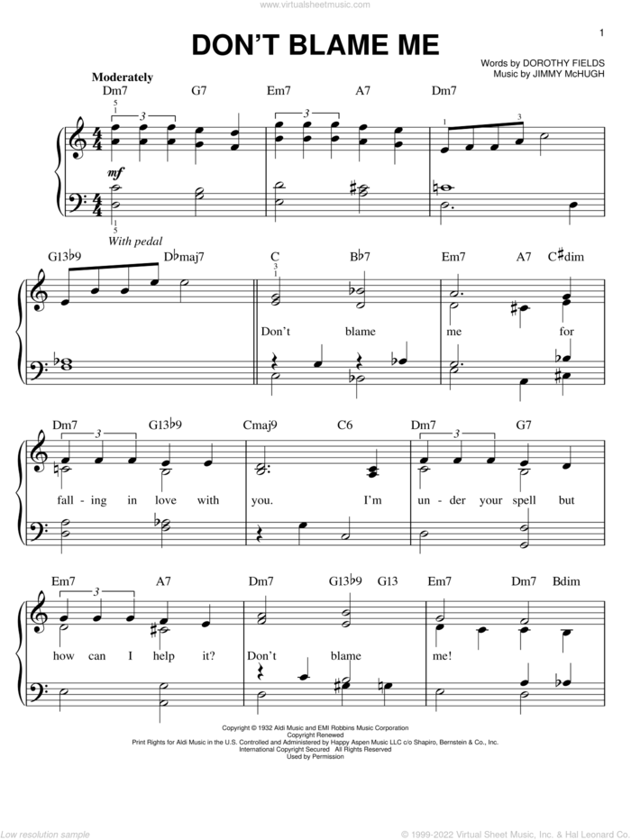 Don't Blame Me sheet music for piano solo by Dorothy Fields and Jimmy McHugh, easy skill level