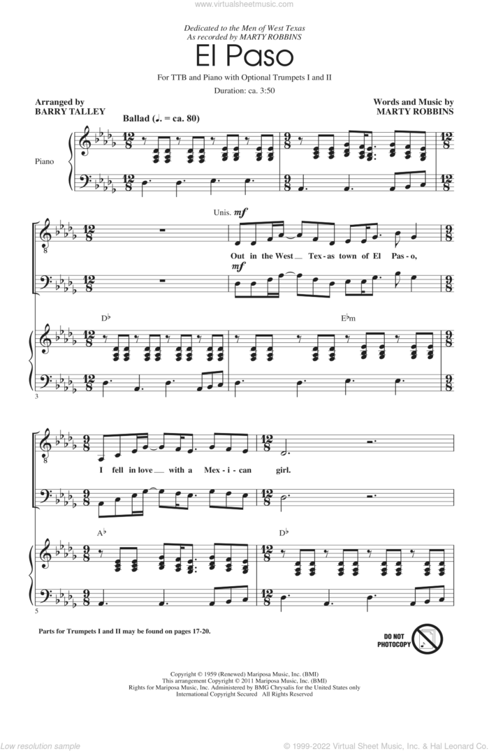 El Paso sheet music for choir (TTBB: tenor, bass) by Marty Robbins, Barry Talley and Stan McGill, intermediate skill level