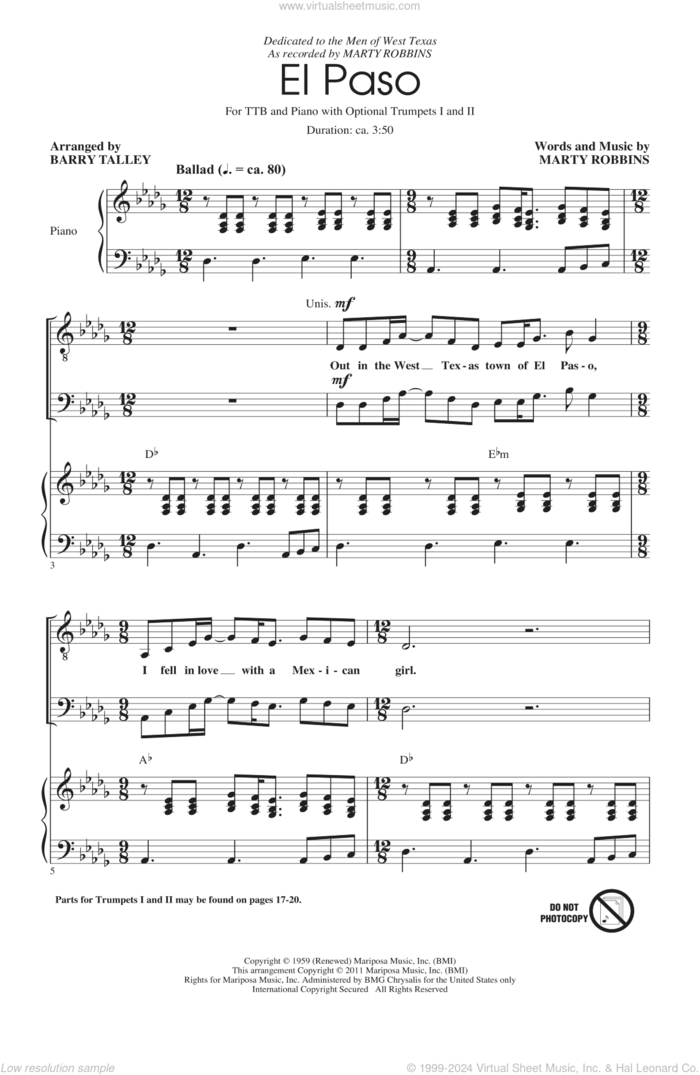 El Paso sheet music for choir (TTBB: tenor, bass) by Marty Robbins, Barry Talley and Stan McGill, intermediate skill level