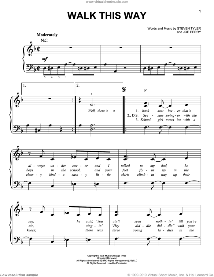 Walk This Way, (easy) sheet music for piano solo by Aerosmith, Joe Perry and Steven Tyler, easy skill level