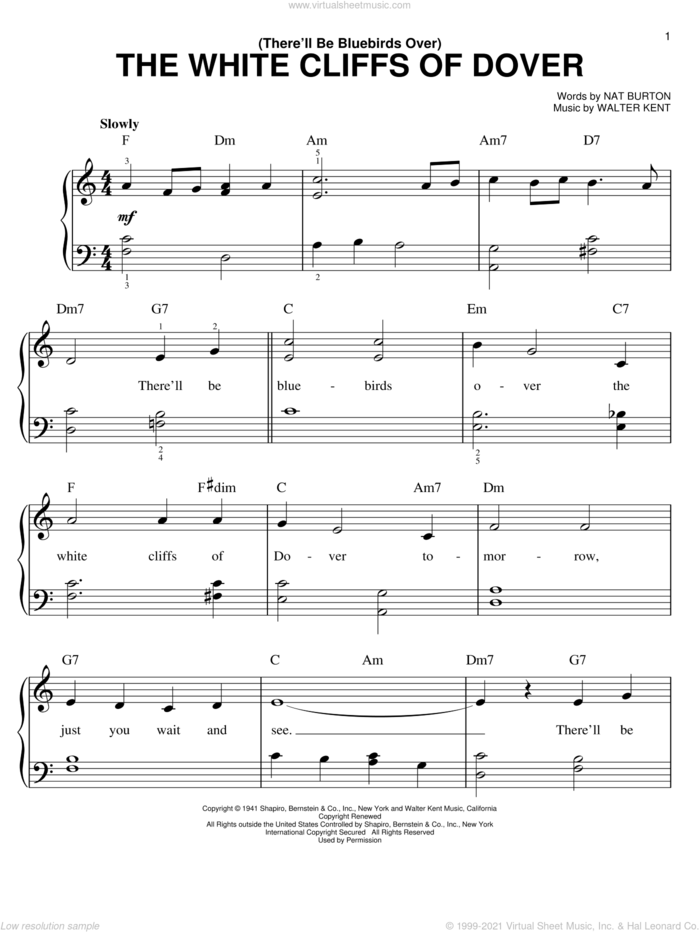 (There'll Be Bluebirds Over) The White Cliffs Of Dover sheet music for piano solo by Nat Burton, Vera Lynn and Walter Kent, easy skill level