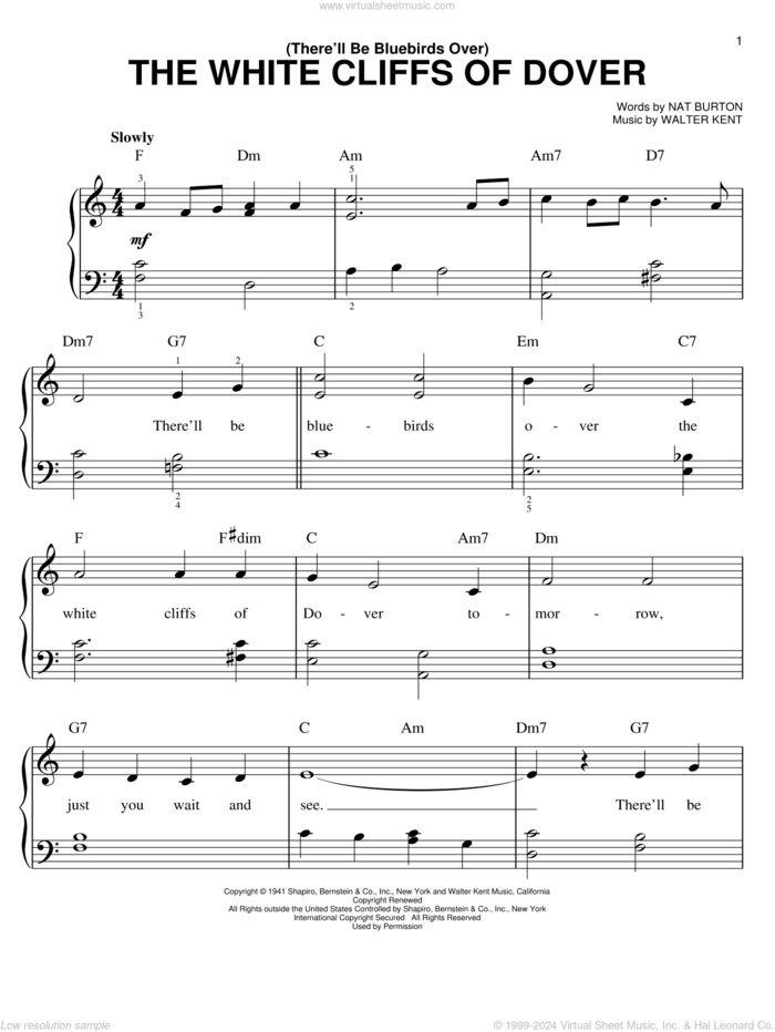 (There'll Be Bluebirds Over) The White Cliffs Of Dover sheet music for piano solo by Nat Burton, Vera Lynn and Walter Kent, easy skill level