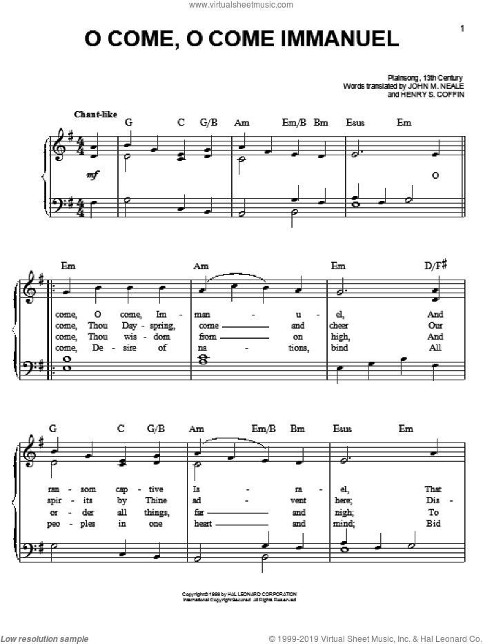 O Come, O Come Immanuel, (easy) sheet music for piano solo by John Mason Neale and Henry S. Coffin, easy skill level