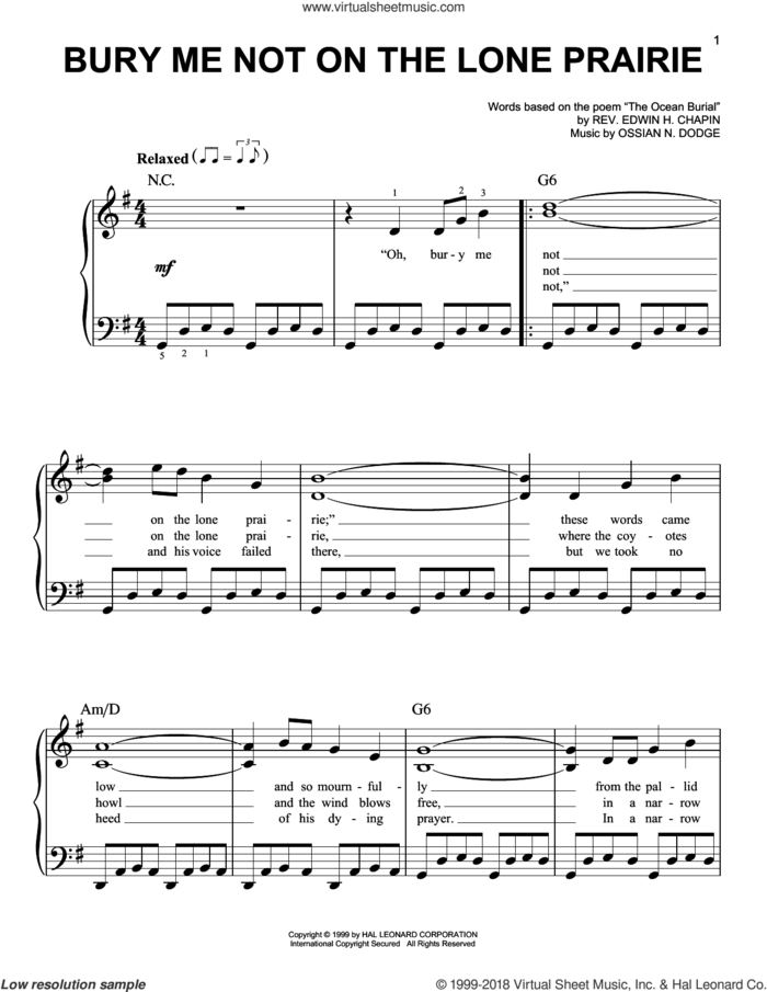 Bury Me Not On The Lone Prairie sheet music for piano solo by E.H. Chapin and Ossian N. Dodge, easy skill level