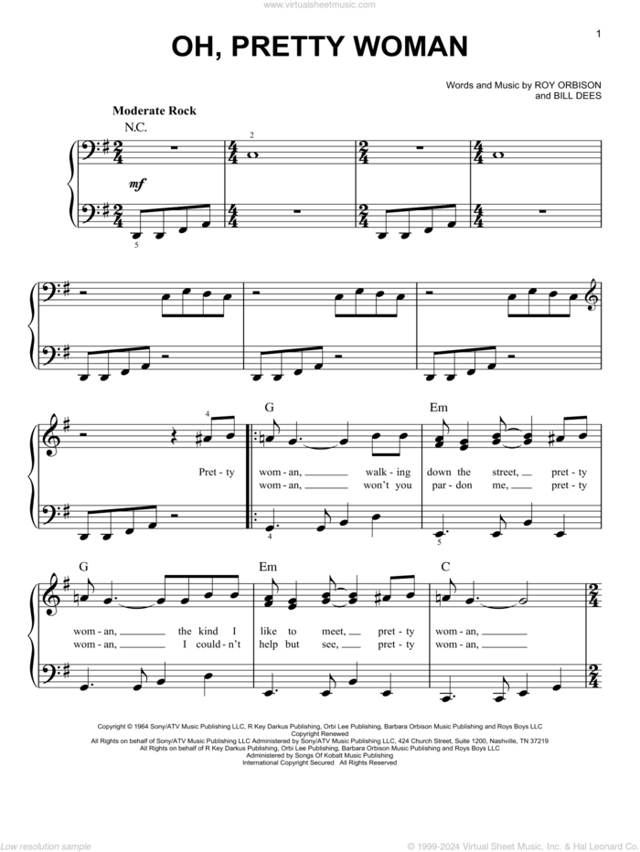 Oh, Pretty Woman, (easy) sheet music for piano solo by Roy Orbison and Bill Dees, easy skill level