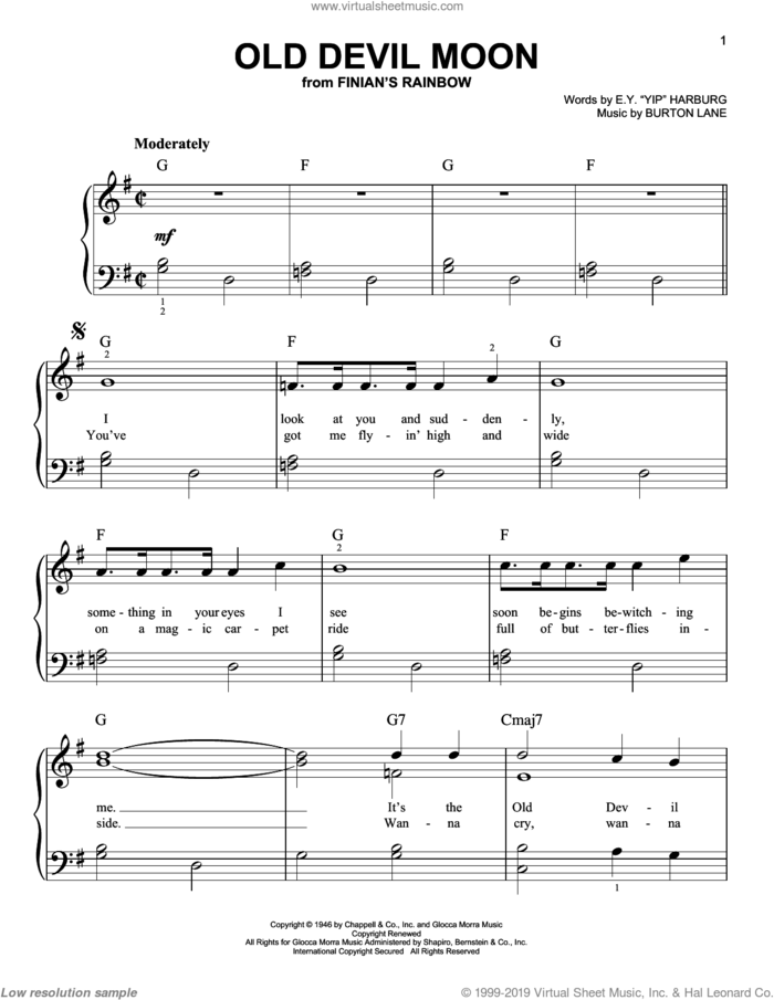 Old Devil Moon sheet music for piano solo by E.Y. Harburg and Burton Lane, easy skill level