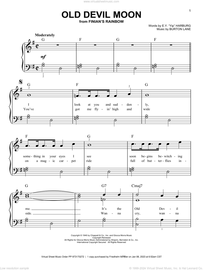 Old Devil Moon sheet music for piano solo by E.Y. Harburg and Burton Lane, easy skill level