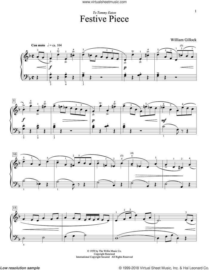 Festive Piece sheet music for piano solo (elementary) by William Gillock, classical score, beginner piano (elementary)
