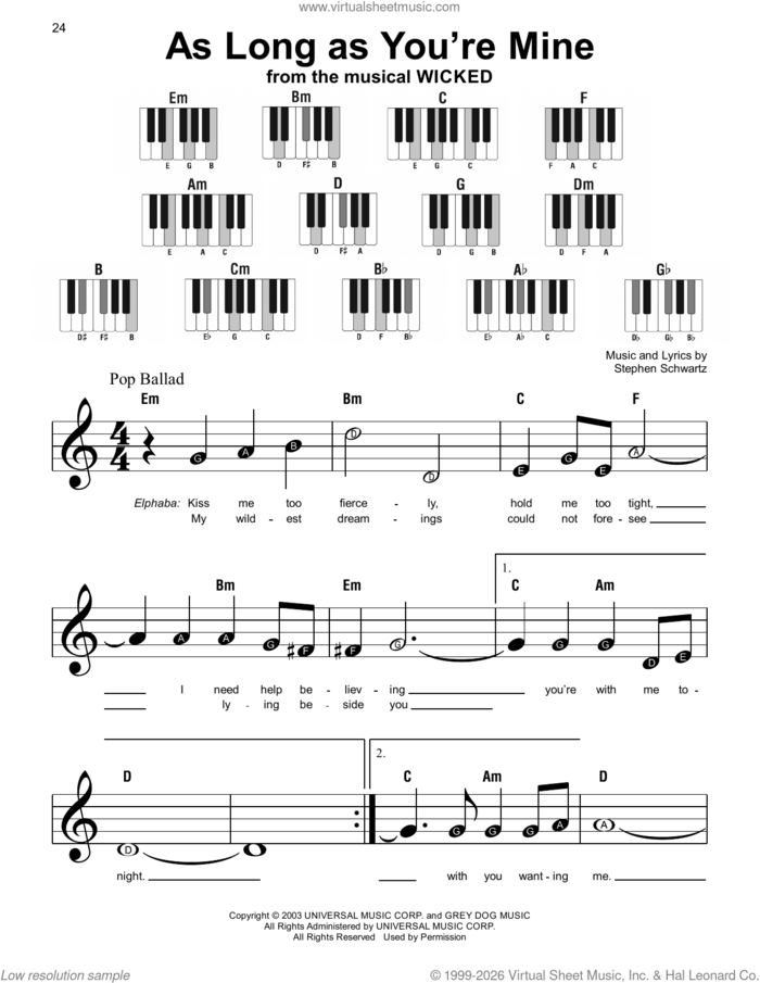 As Long As You're Mine (from Wicked: For Good) sheet music for piano solo by Stephen Schwartz, beginner skill level