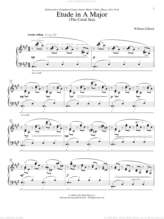 Etude In A Major (The Coral Sea) sheet music for piano solo (elementary) by William Gillock, classical score, beginner piano (elementary)