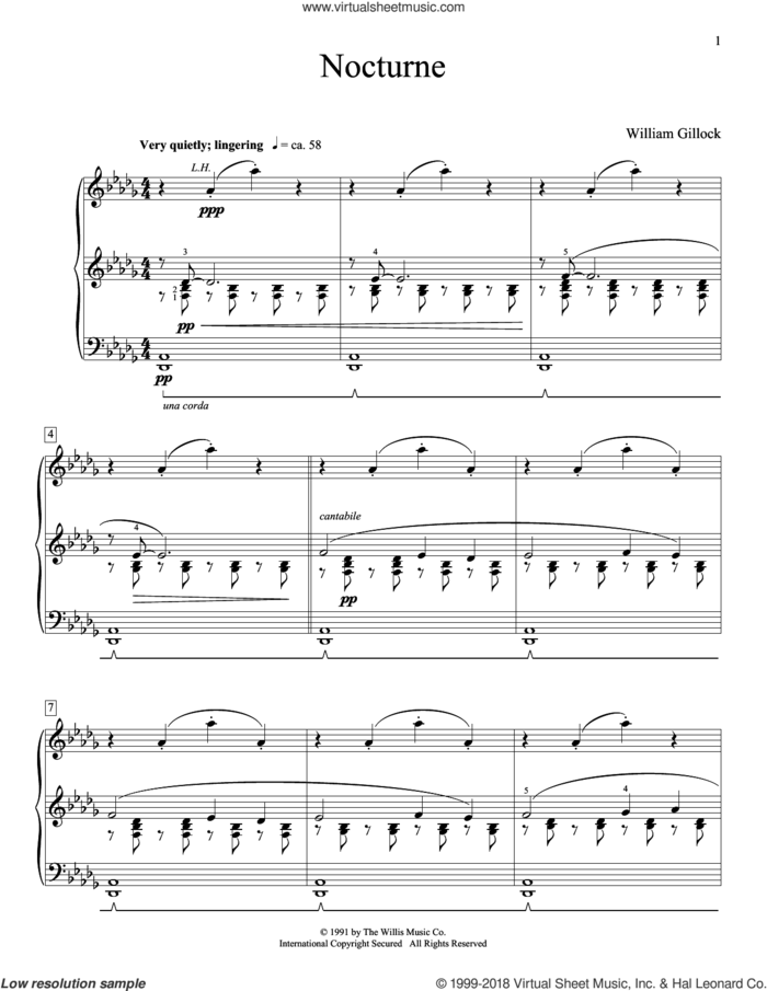 Nocturne sheet music for piano solo (elementary) by William Gillock, classical score, beginner piano (elementary)
