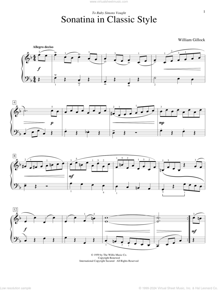 Sonatina In Classic Style sheet music for piano solo (elementary) by William Gillock, classical score, beginner piano (elementary)