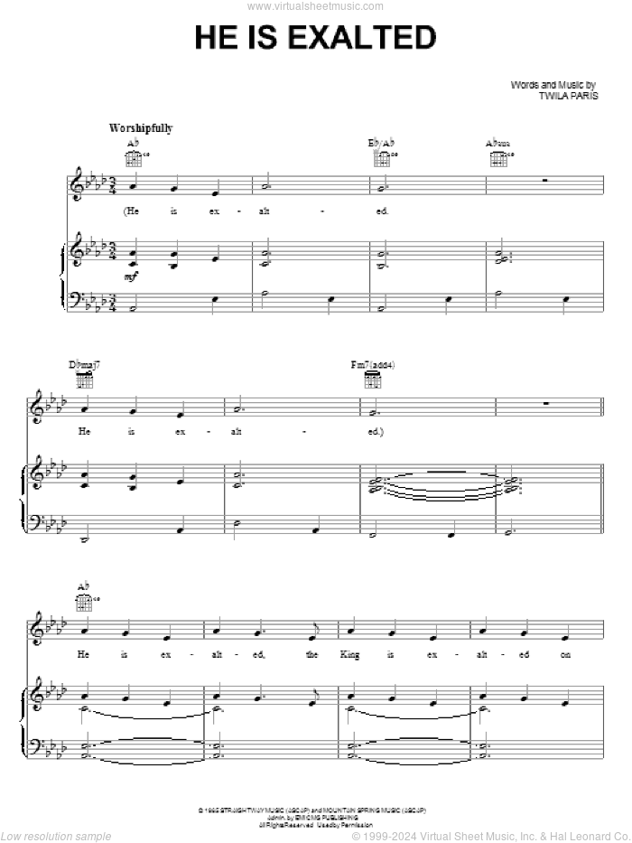 He Is Exalted sheet music for voice, piano or guitar by Shane & Shane and Twila Paris, intermediate skill level