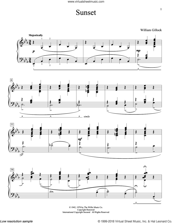 Sunset sheet music for piano solo (elementary) by William Gillock, classical score, beginner piano (elementary)