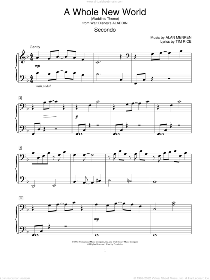 A Whole New World (from Aladdin) sheet music for piano four hands by Alan Menken, Peabo Bryson, Regina Belle, Alan Menken & Tim Rice and Tim Rice, wedding score, intermediate skill level