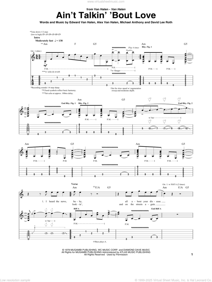 Ain't Talkin' 'Bout Love sheet music for guitar (tablature) by Edward Van Halen, Alex Van Halen, David Lee Roth and Michael Anthony, intermediate skill level