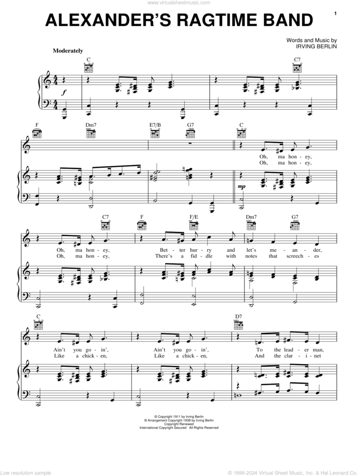 Alexander's Ragtime Band sheet music for voice, piano or guitar by Irving Berlin, intermediate skill level