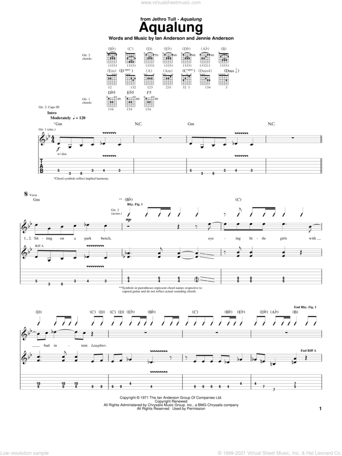 Aqualung sheet music for guitar (tablature) by Jethro Tull, Ian Anderson and Jennie Anderson, intermediate skill level