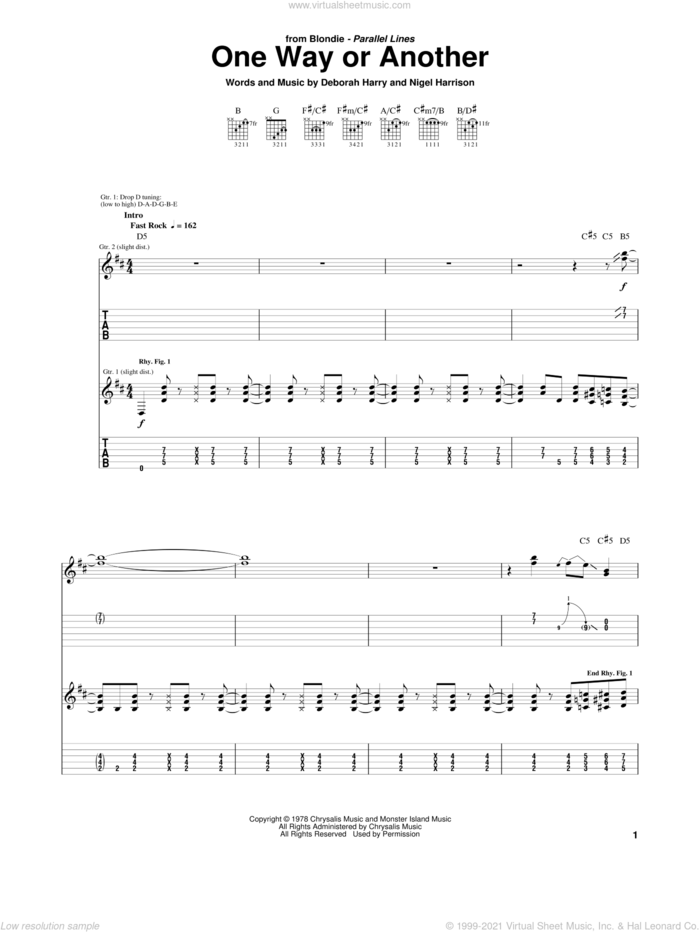 One Way Or Another sheet music for guitar (tablature) by Blondie, Cheryl Chase, Deborah Harry and Nigel Harrison, intermediate skill level