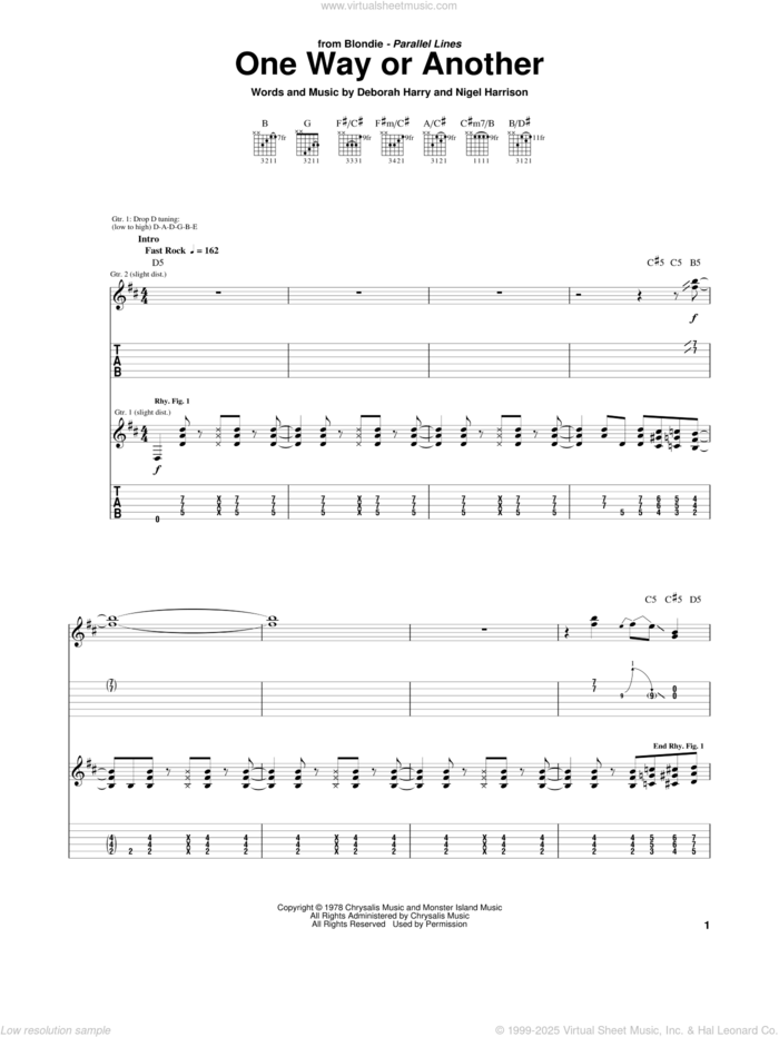 One Way Or Another sheet music for guitar (tablature) by Blondie, Cheryl Chase, Deborah Harry and Nigel Harrison, intermediate skill level