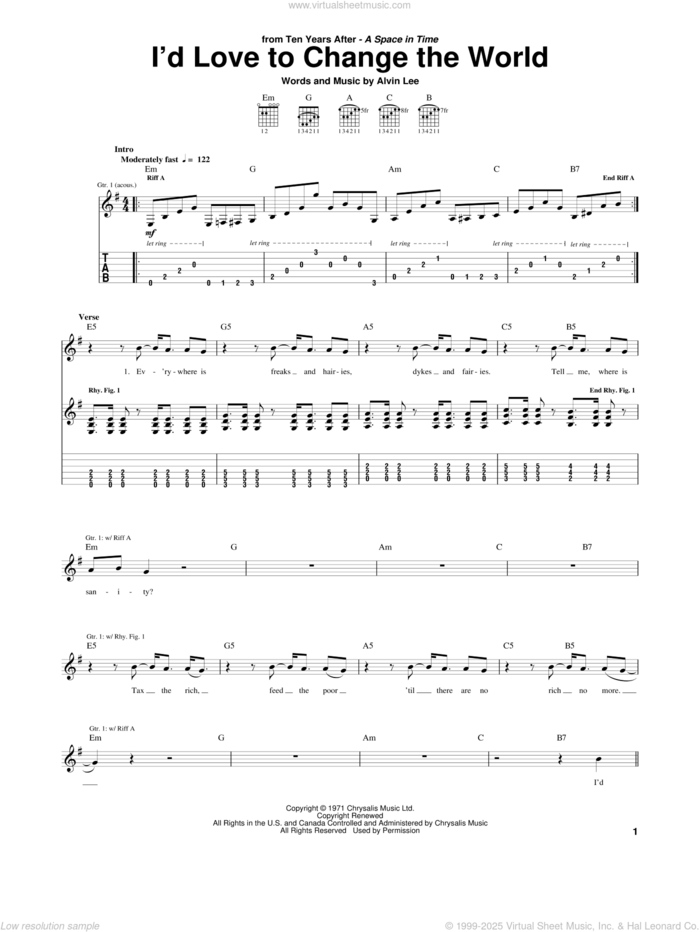 I'd Love To Change The World sheet music for guitar (tablature) by Ten Years After and Alvin Lee, intermediate skill level