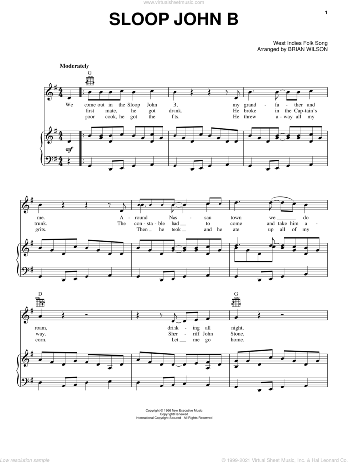 Sloop John B sheet music for voice, piano or guitar by The Beach Boys and Brian Wilson, intermediate skill level