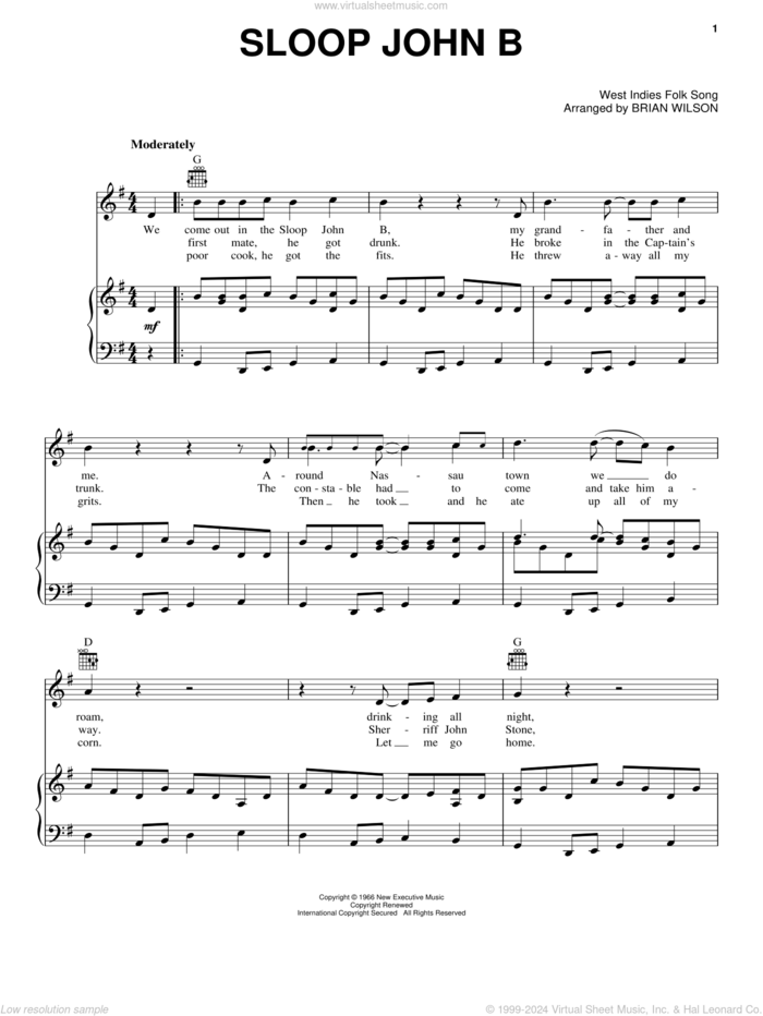 Sloop John B sheet music for voice, piano or guitar by The Beach Boys and Brian Wilson, intermediate skill level