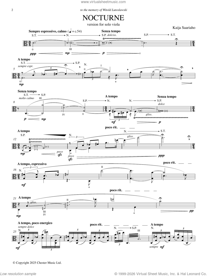 Nocturne (version for solo viola) sheet music for viola solo by Kaija Saariaho, classical score, intermediate skill level