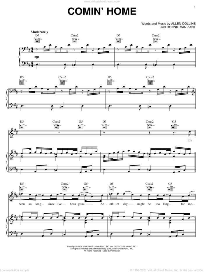Comin' Home sheet music for voice, piano or guitar by Lynyrd Skynyrd, Allen Collins and Ronnie Van Zant, intermediate skill level