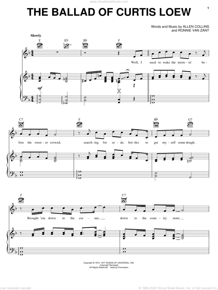 The Ballad Of Curtis Loew sheet music for voice, piano or guitar by Lynyrd Skynyrd, Allen Collins and Ronnie Van Zant, intermediate skill level